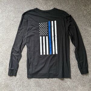 Black Long-Sleeve Men's Tee with Thin Blue Line Flag